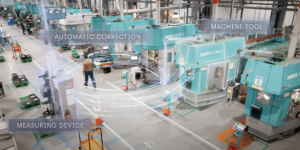 Illustration of closed loop manufacturing with Ellistat APC, showing the connection between measuring equipment and machining centers in a workshop.