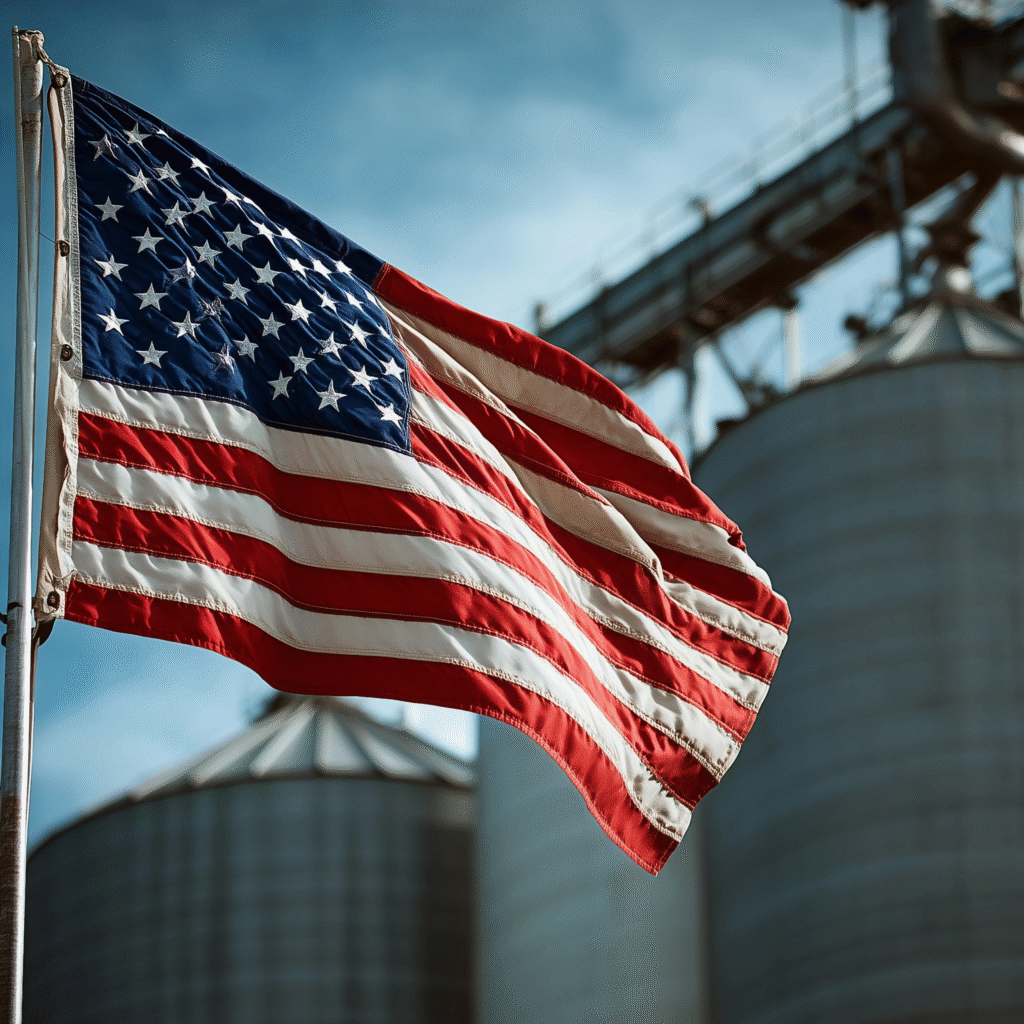 American flag and manufacturing facility representing CLOOMA's commitment to U.S. industry.